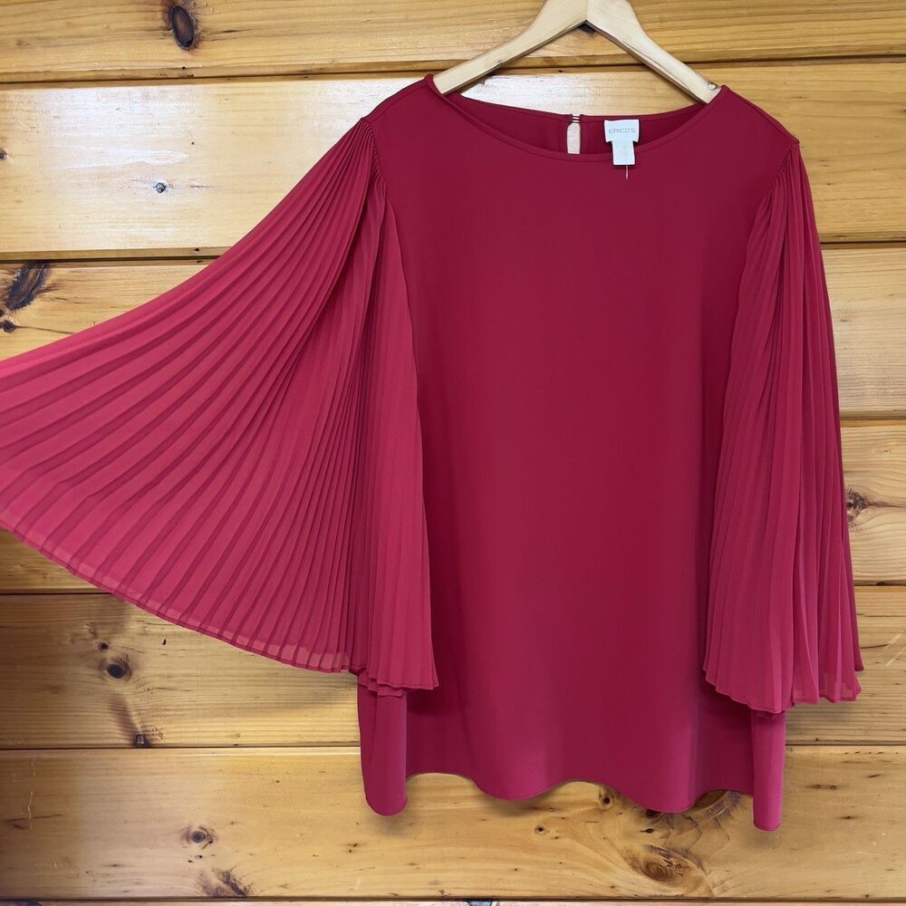 Chico's Red Accordion Pleated Bell Sleeve Blouse Women’s Size 3/ X-Large